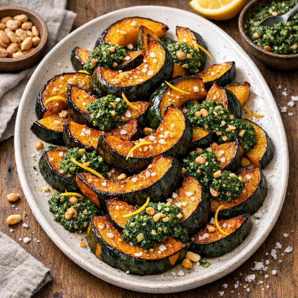 Savory Peanut-Miso Pesto with Caramelized Squash Wedges