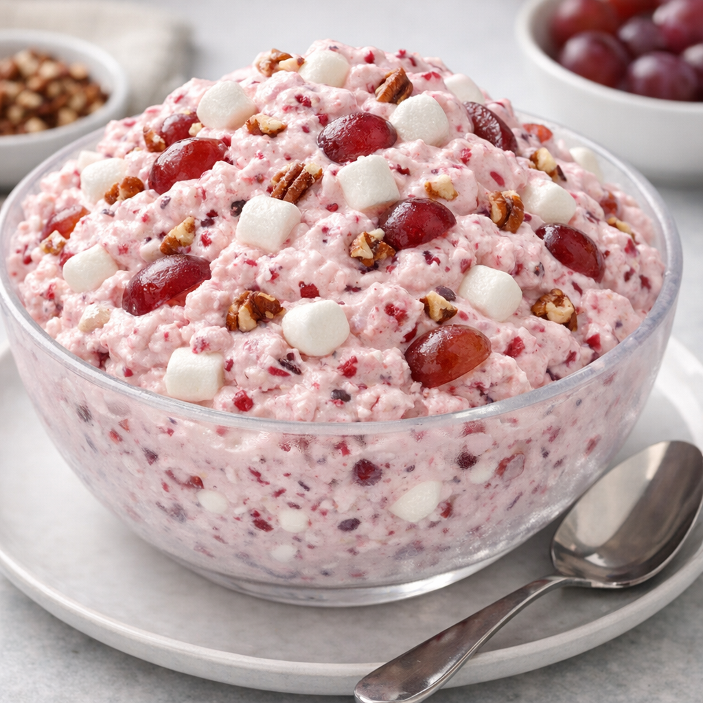 Festive Cranberry Fluff with Pecans and Grapes